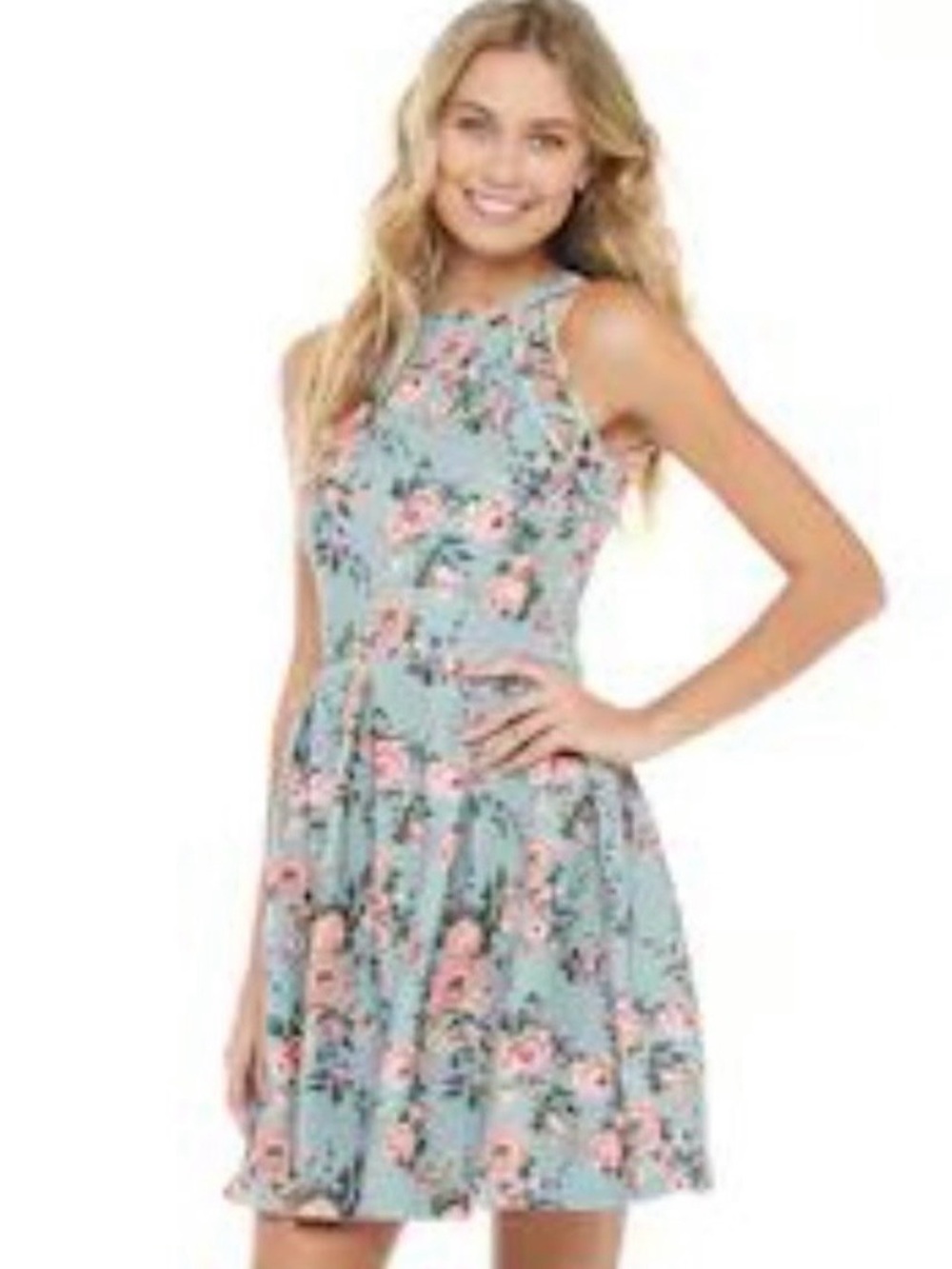 Junior Pink and Green Halter Fit and Flare mini dress